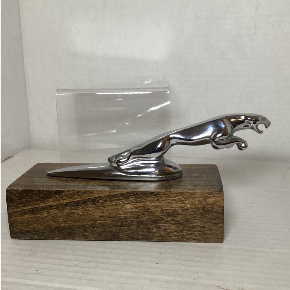 Vintage Jaguar Leaper Hood Ornament Chrome Mascot on Wooden Display Base Desk